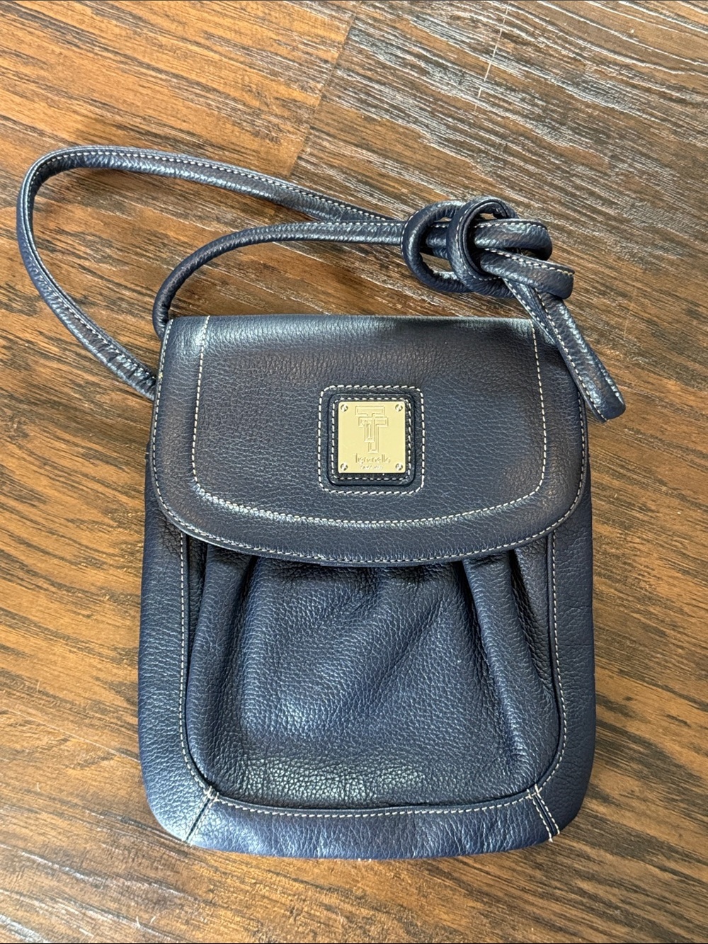 Tignanello Leather Navy Blue Crossbody Bag with Silver Accent